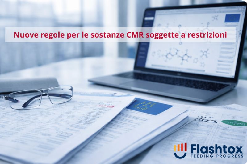 Immagine della scrivania di un regulatory affairs con in sovrimpressione la scritta "Nuove regole per le sostanze CMR soggette a restrizione"