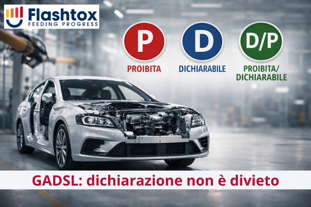 Immagine di una fabbrica di automobili con un'automobile in costruzione, 3 icone con scritto "Proibita", "Dichiarabile", "Proibita/dichiarabile" ed in sovrimpressione la scritta GADSL: dichiarazione non è divieto