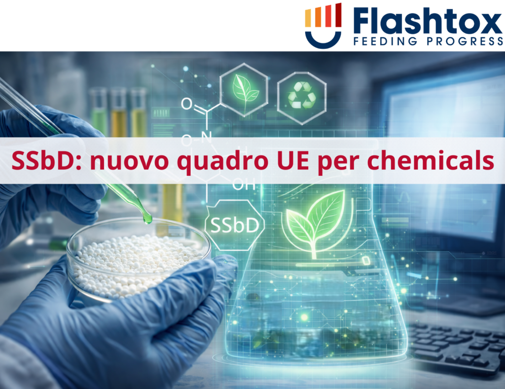 Immagine di un laboratorio con un operatore che tiene in mano una beuta ed in sovrimpressione la scritta "SSbD: nuovo quadro UE per chemicals".