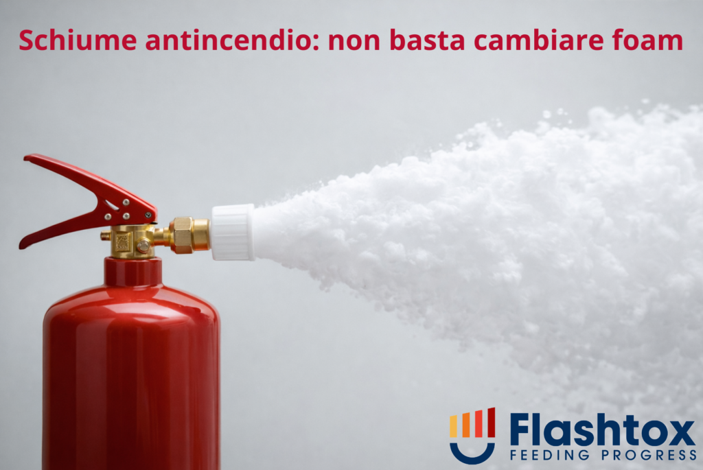 Immagine di un estintore rosso antincendio che emette una schiuma bianca ed in sovrimpressione la scritta “Schiume antincendio: non basta cambiare foam”.