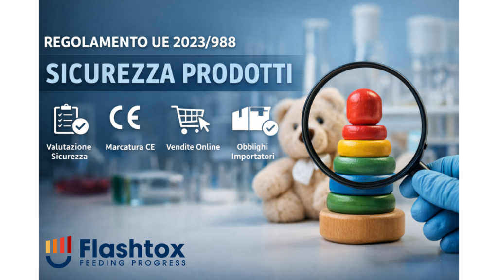 Immagine di un tavolo con dei giocatoli ed in sovrimpressione la scritta "Regolamento 2023/988 SICUREZZA PRODOTTI".