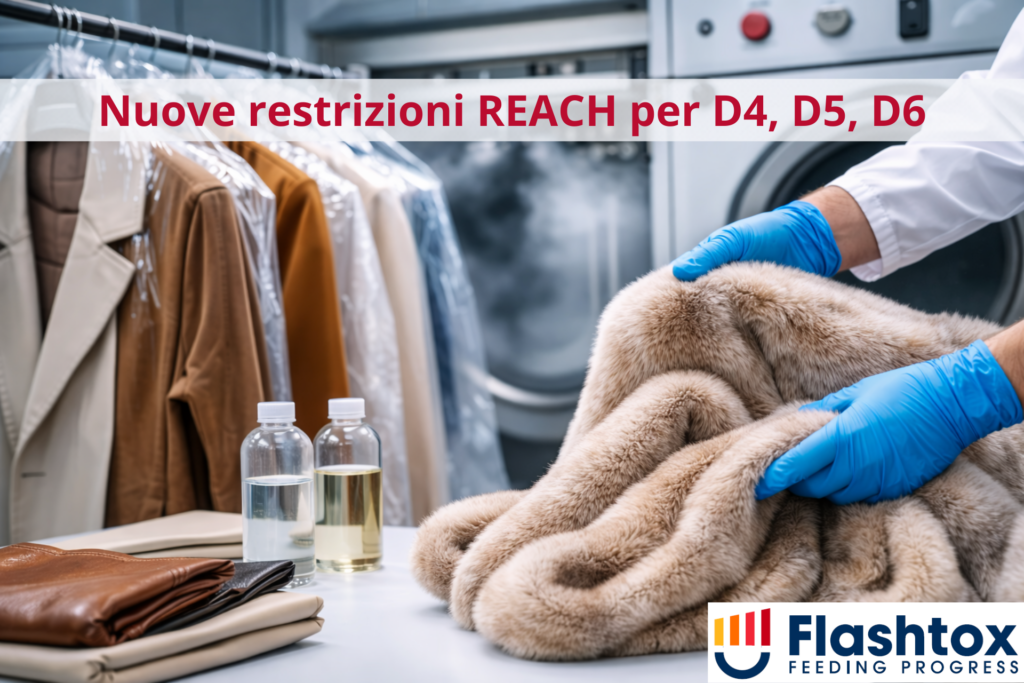 Immagine di una lavanderia professionale con l'operatore che tiene in mano una pelliccia e di fianco due flaconi di solvente. In sovrimpressiona la scritta "Nuove restrizioni REACH per D4, D5, D6".