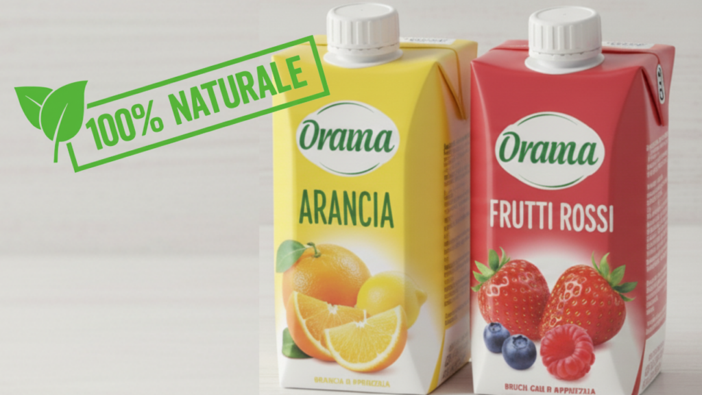 Immagine di due succhi di frutta in brick con un bollino verde in sovrimpressione "100% naturale"