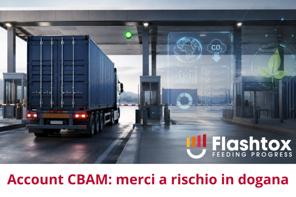Tir fermo al casello di una frontiera doganale ed in sovrimpressione la scritta “Account CBAM: merci a rischio in dogana”.