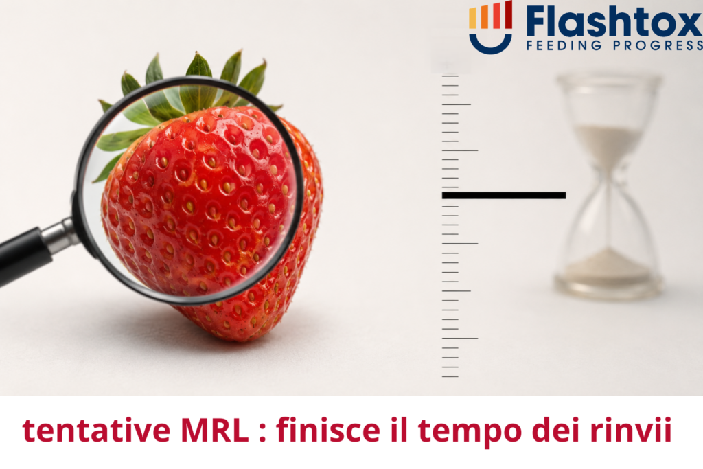 Immagine di una fragola sotto la lente di ingrandimento, a fianco una scala dei valori limite con una barra nera spessa che rappresenta il limite regolatorio. Sotto la scritta “tentetive MRl: finisce il tempo dei rinvii”