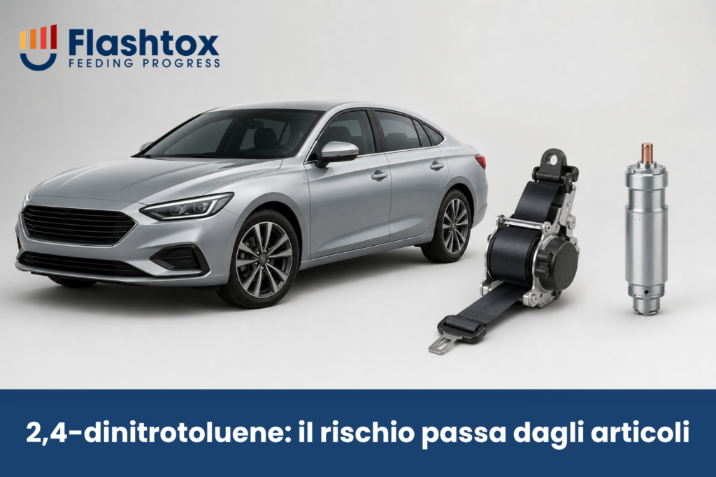 Immagine di un’automobile con alla sua destra due componenti contenenti la sostanza 2,4-dinitrotoluene (riavvolgitore di cintura di sicurezza e microgeneratore di gas). In sovrimpressione la scritta “2,4-dinitrotoluene: il rischio passa dagli articoli”