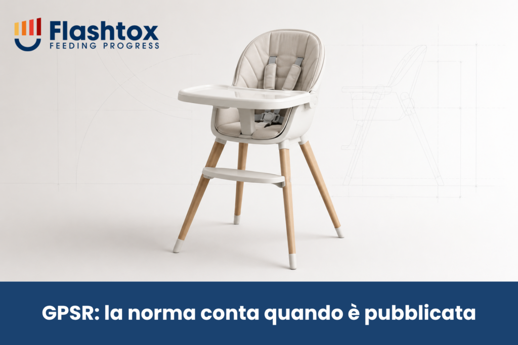 Seggiolone per bambini con in sovrimpressione la scritta "GPSR: la norma conta quando è pubblicata"