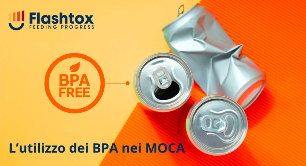 Immagine di 3 lattine per bibite con accanto il bollino “BPA free” ed in sovrimpressione la scritta “L’utilizzo dei BPA nei MOCA”.