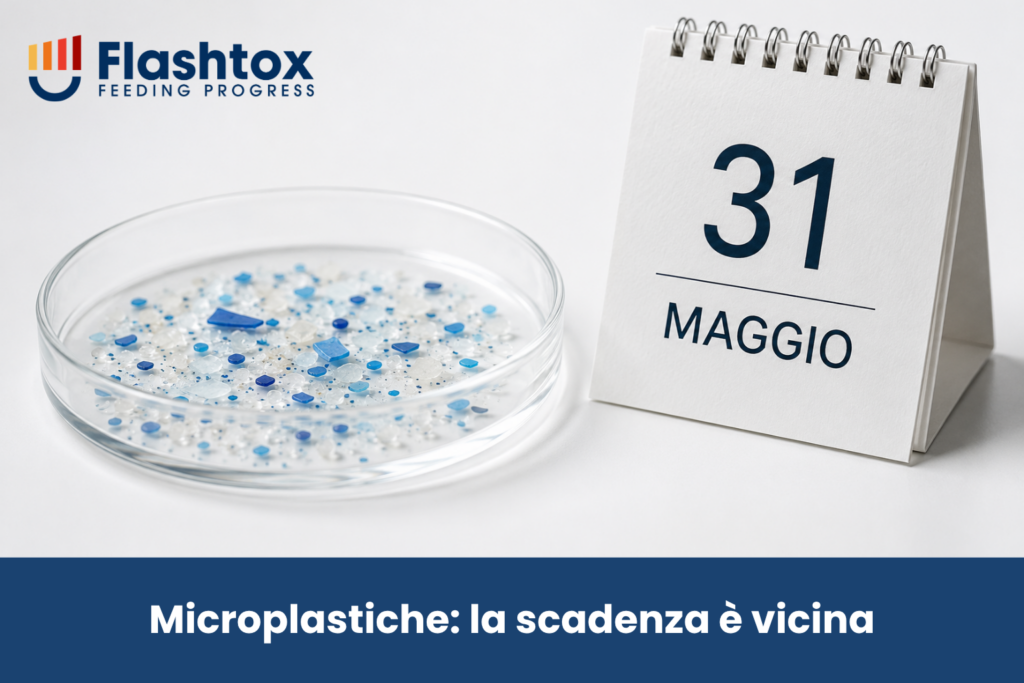 Immagine di un contenitore con granuli di microplastiche al suo interno, accanto un calendario aperto sulla pagina del 31 Maggio e sotto la scritta “Microplastiche: la scadenza è vicina”.