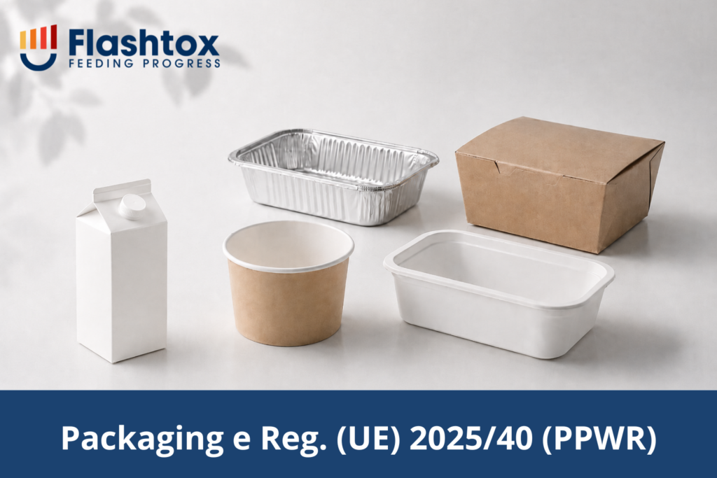 Cartone del latte bianco posizionato in basso a sinistra, accanto a una vaschetta in alluminio, una bowl in cartoncino kraft, una vaschetta rigida in plastica bianca e un contenitore take-away in cartone kraft, tutti disposti su fondo neutro e pulito per rappresentare diversi materiali di packaging alimentare. In sovrimpressione la scritta "Packaging: il nuovo standard non è solo ambientale"