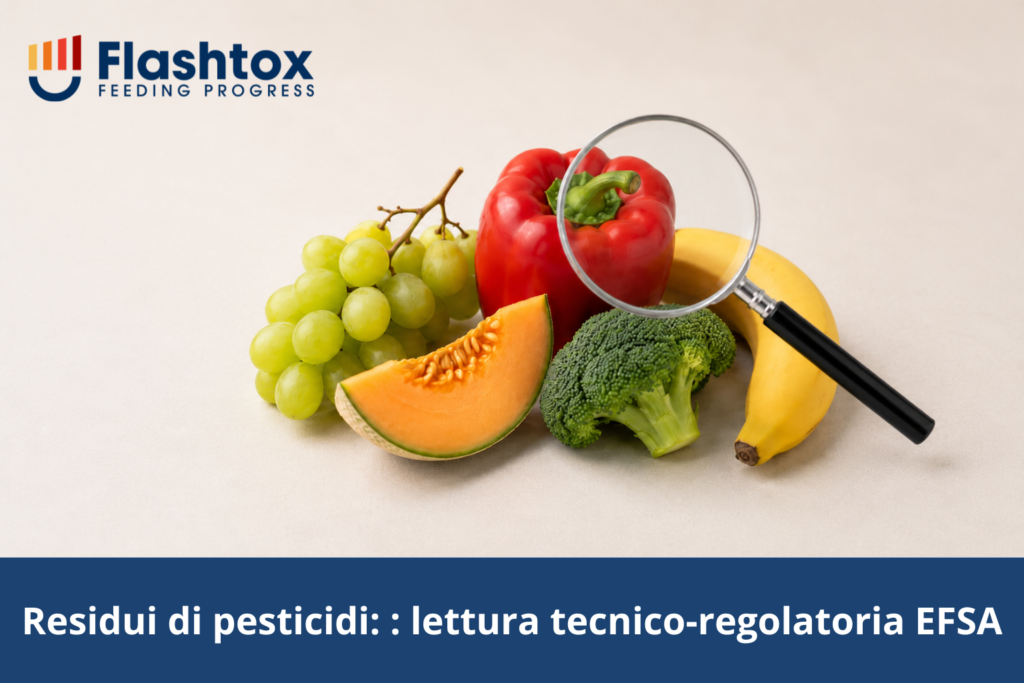 Composizione minimale con diversi alimenti freschi comunemente monitorati per i residui di pesticidi, come uva da tavola, peperone, banana, melone e broccoli, disposti in modo ordinato su fondo neutro chiaro, a richiamare il controllo analitico e regolatorio dei residui negli alimenti. In sovrimpressione la scritta "Residui di pesticidi: lettura tecnico-regolatoria EFSA"