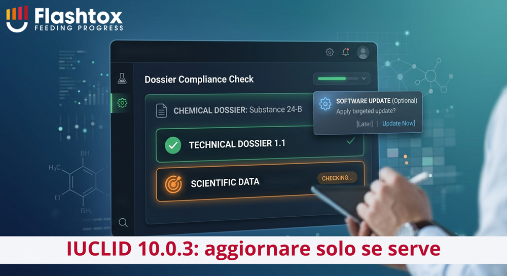Interfaccia software scura intitolata "Dossier Compliance Check". L'interfaccia include la sezione "CHEMICAL DOSSIER: Substance 24-B", la cartella "TECHNICAL DOSSIER 1.1" con un segno di spunta verde di completamento e la cartella "SCIENTIFIC DATA" evidenziata in arancione con lo stato "CHECKING...". In alto a destra è presente una notifica popup blu con l'icona dell'ingranaggio e il testo "SOFTWARE UPDATE (Optional) Apply targeted update? [Later] | [Update Now]". In basso a destra, una persona tiene in mano un tablet e una penna stilografica. Sullo sfondo blu sfocato sono presenti grafici e una formula molecolare. In sovrimpressione la scritta "IUCLID 10.0.3: aggiornare solo se serve"