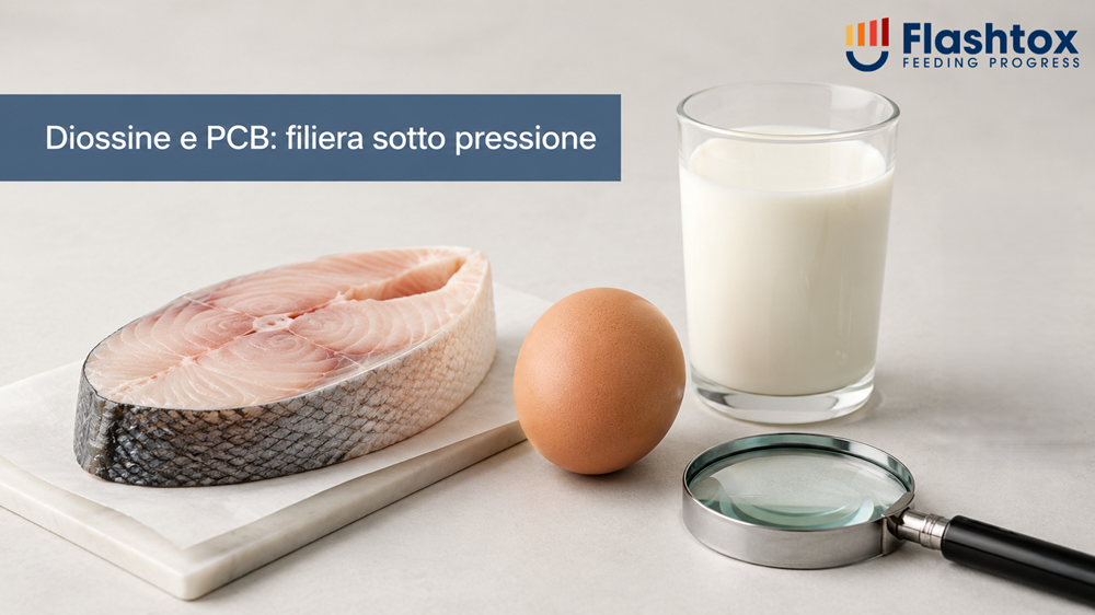 Composizione minimale con trancio di pesce, uovo e bicchiere di latte su fondo chiaro, affiancati da una lente di ingrandimento che richiama il monitoraggio analitico dei contaminanti persistenti nella filiera alimentare. In sovrimpressione la scritta "Diossine e PCB: filiera sotto pressione"
