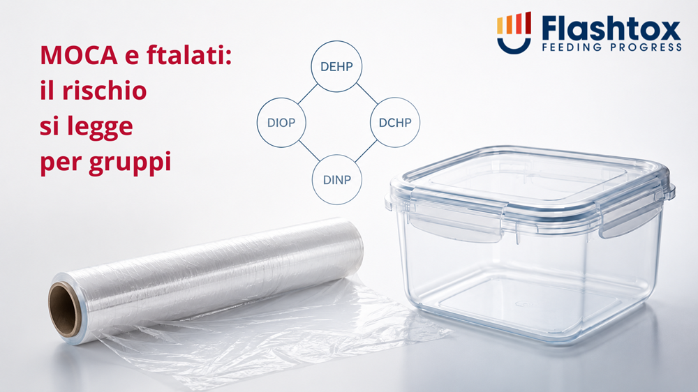 Contenitore alimentare in plastica e pellicola per alimenti su fondo chiaro, affiancati da quattro cerchi collegati con le sigle DEHP, DCHP, DIOP e DINP, per rappresentare la valutazione congiunta degli orto-ftalati nei materiali a contatto con alimenti. In sovrimpressione la scritta "MOCA e ftalati: il rischio si legge per gruppi"