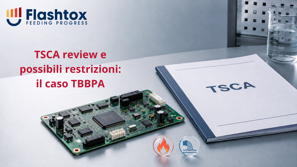 Scheda elettronica su banco tecnico, affiancata da un documento con la sigla TSCA, un simbolo di fiamma controllata ed un simbolo di scarico industriale in acque superficiali, per rappresentare la valutazione del rischio del TBBPA rispetto all’esposizione professionale ed a possibili rilasci ambientali. In sovrimpressione la scritta “TSCA review e possibili restrizioni: il caso TBBPA”.