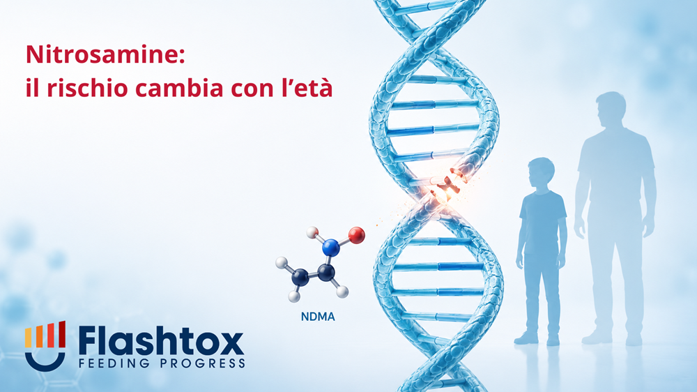 Doppia elica di DNA affiancata da una molecola stilizzata indicata come NDMA e da due silhouette maschili astratte che richiamano una fase giovane e una fase adulta, per rappresentare la diversa suscettibilità biologica all’esposizione a nitrosamine. In sovrimpressione la scritta “Nitrosamine: il rischio cambia con l’età”.