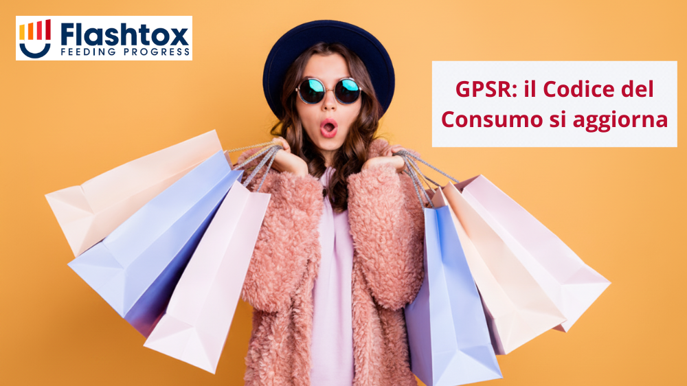 Ragazza che ha appena fatto shopping ed ha 6 confezioni colorate in mano; in sovrimpressione la scritta “GPSR: il Codice del Consumo si aggiorna”