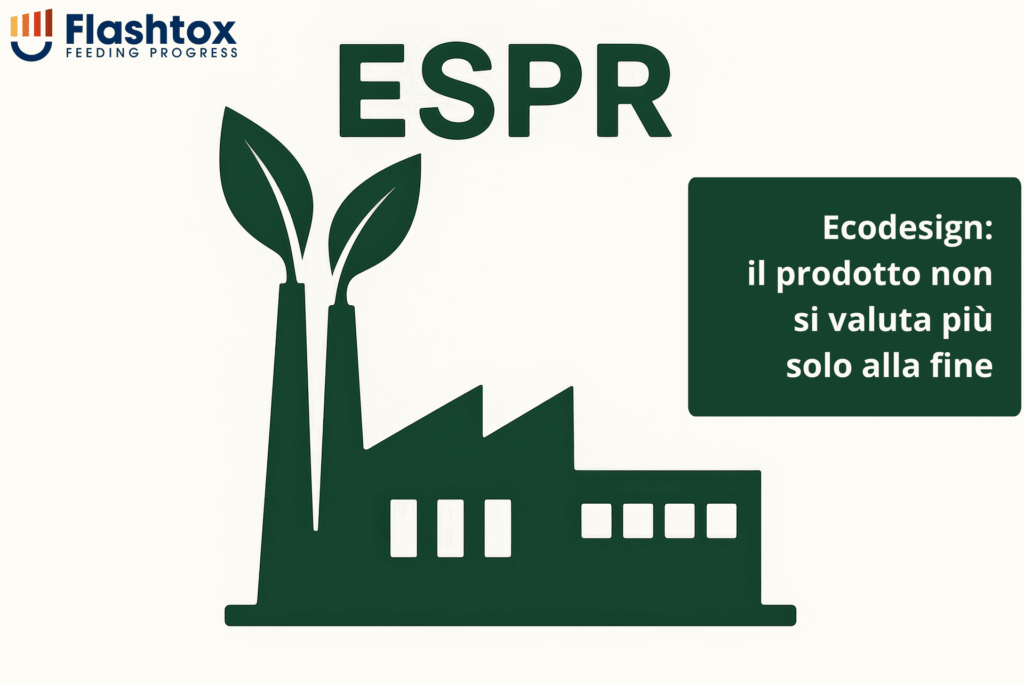 icona di una fabbrica con due foglie che spuntano dalle sue colonne al posto delle emissioni gassose, a suggerire il concetto di sostenibilità. In sovrimpressione la scritta "Ecodesign: il prodotto non si valuta più solo alla fine".