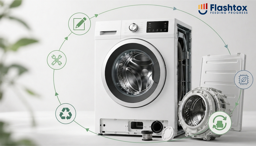 Lavatrice scomposta in alcune delle sue parti, con intorno un insieme di icone collegate con frecce a mo' di processo: design-reuse-recycling-repair