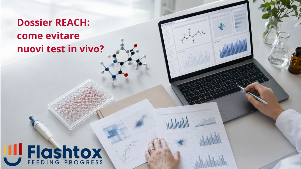 Mani di una tossicologa che integra differenti fonti di informazione per il dossier REACH: modello molecolare, piastra per test in vitro, risultati scientifici e valutazioni visualizzate sul computer. In sovrimpressione la scritta “Dossier REACH: come evitare nuovi test in vivo?”.