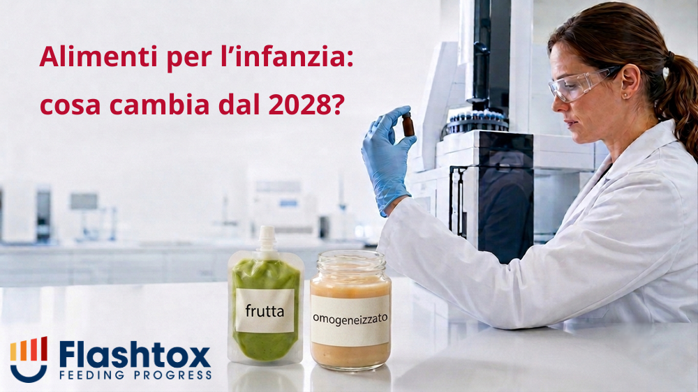 Professionista in laboratorio esamina un campione di alimento per l’infanzia; sul banco sono presenti una confezione di alimento alla frutta e un vasetto di prodotto omogeneizzato. In sovrimpressione la scritta “Alimenti per l’infanzia: cosa cambia dal 2028?”.