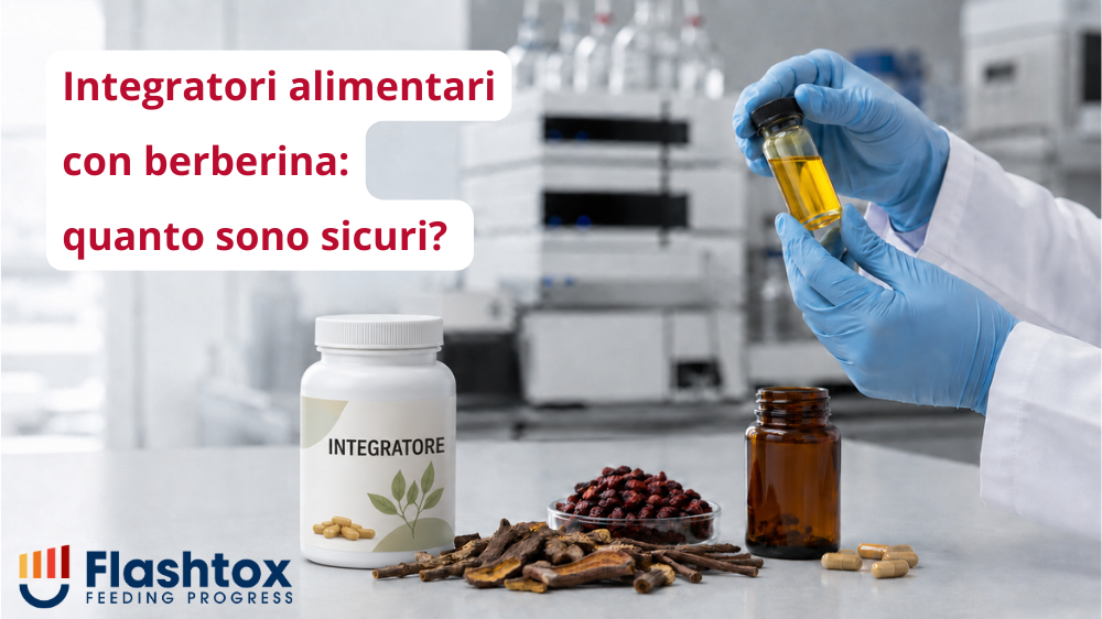 Professionista in laboratorio esamina un campione di estratto botanico; sul banco sono presenti materiale vegetale, capsule e un barattolo di integratore alimentare. In sovrimpressione la scritta “Integratori alimentari con berberina: quanto sono sicuri?”.