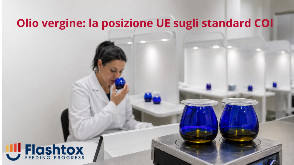 Laboratorio professionale per la valutazione organolettica dell’olio d’oliva vergine. In primo piano sono presenti due bicchieri blu da assaggio su un dispositivo termostatato; sullo sfondo, una professionista esegue il panel test all’interno di un locale con postazioni individuali. In sovrimpressione compare il titolo “Olio vergine: la posizione UE sugli standard COI”