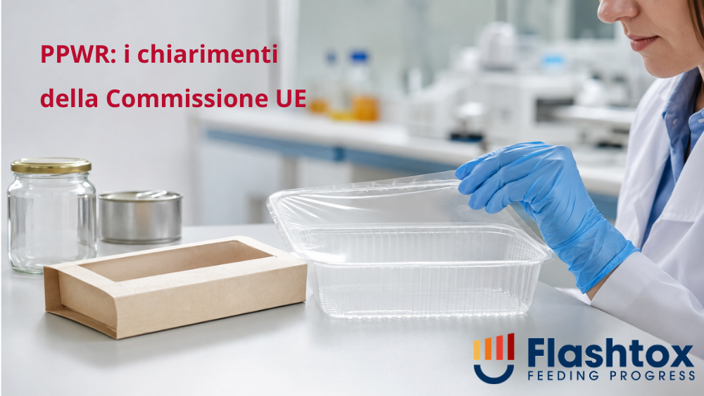 Tecnica di laboratorio con guanti protettivi esamina un imballaggio alimentare trasparente. Sul banco sono presenti anche una confezione in cartone, un barattolo in vetro e un contenitore metallico, rappresentativi di differenti materiali di imballaggio. In sovrimpressione la scritta “PPWR: i chiarimenti della Commissione UE”