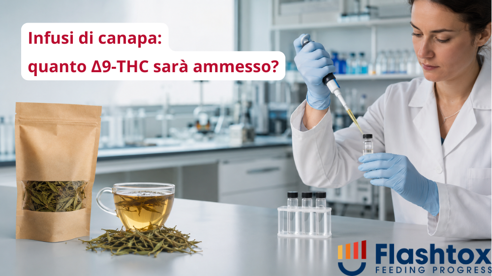 Foglie di canapa essiccate confezionate per infusione, tazza contenente l’infuso e professionista di laboratorio impegnata nell’analisi di un campione. In sovrimpressione la scritta “Infusi di canapa: quanto Δ9-THC sarà ammesso?”