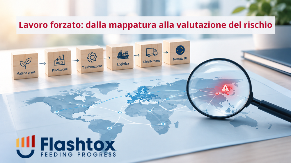 Rappresentazione della valutazione del rischio di lavoro forzato nella supply chain, con una mappa mondiale, i principali passaggi della filiera dalla materia prima al mercato UE e una lente che evidenzia un punto di attenzione in una specifica area geografica. In sovrimpressione la scritta "Lavoro forzato: dalla mappatura alla valutazione del rischio"
