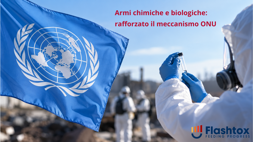 Bandiera delle Nazioni Unite e attività di analisi scientifica con campioni di laboratorio, a rappresentare il rafforzamento del meccanismo ONU per le indagini sull'uso di armi chimiche e biologiche. In sovrimpressione la scritta " Armi chimiche e biologiche: rafforzato il meccanismo ONU".